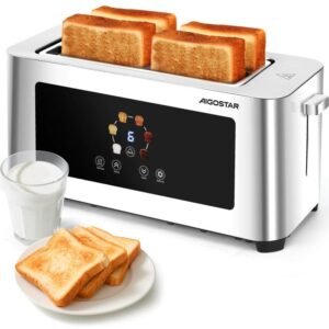 Aigostor Tostador de 4 Rebanadas | Ranuras Extra Anchas de 4 cm con Centrado Automático | Panel Táctil LED, 6 Niveles de Tostado | Función Descongelar, Recalentar y Cancelar | 1400W, Acabado en Acero Inoxidable